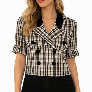 VTG PRIDE & JOY 1980s Black & White Plaid Double Breasted Cropped Shirt